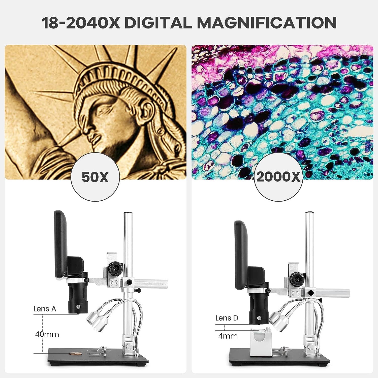 HDMI Digital Microscope with 7 Inch Screen 2000x, 3 Lenses 2160P UHD Video Recording