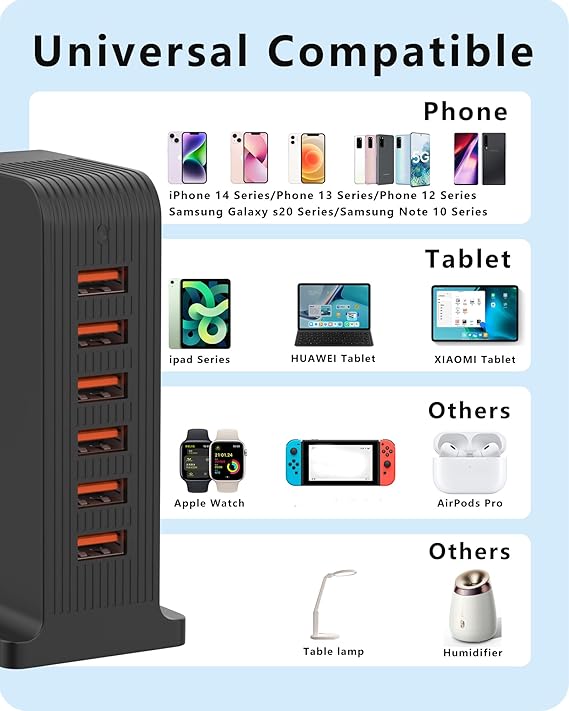 50 W USB-oplader med 6 USB porte