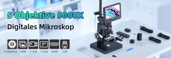 HDMI Digital Mikroskop med 7" Skærm optil 5000x, 5 linser m.m.